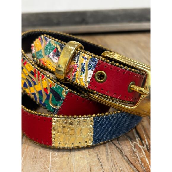 Vintage Patchwork Leather Belt Gold Stud Trim Art To Wear Statement Belt L main image 5
